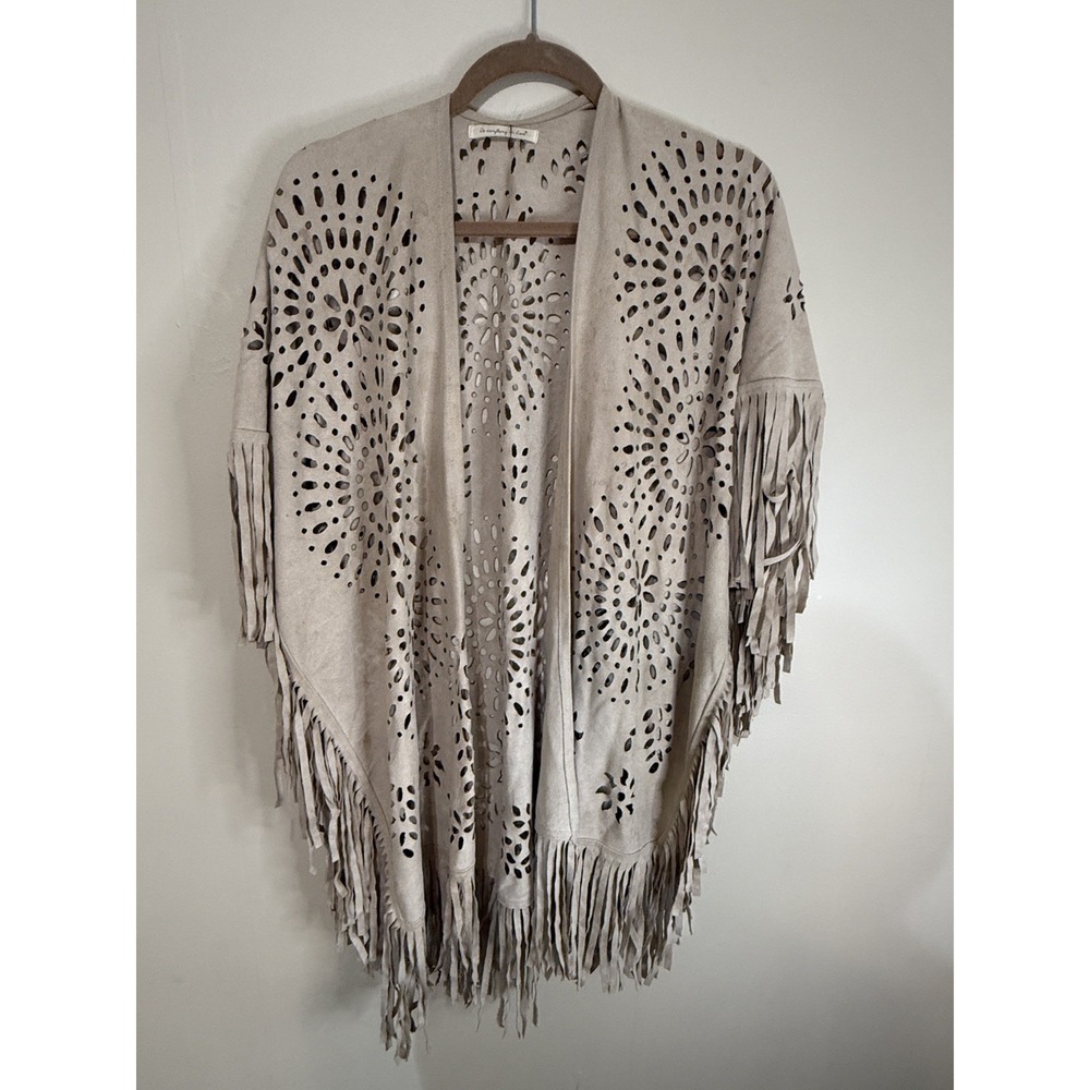 Choies Womens Cape Swimsuit Shawl Western Loose Faux Suede Fringe Beige OS